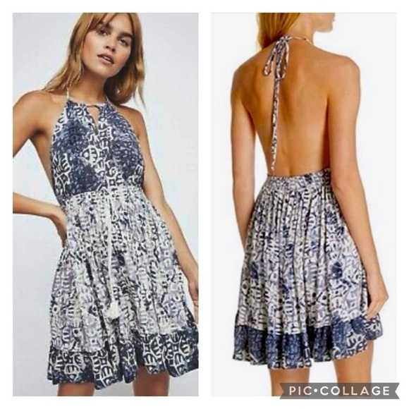 NEW Free People Beach Day Halter Mini Dress XS Blue White - Picture 1 of 9